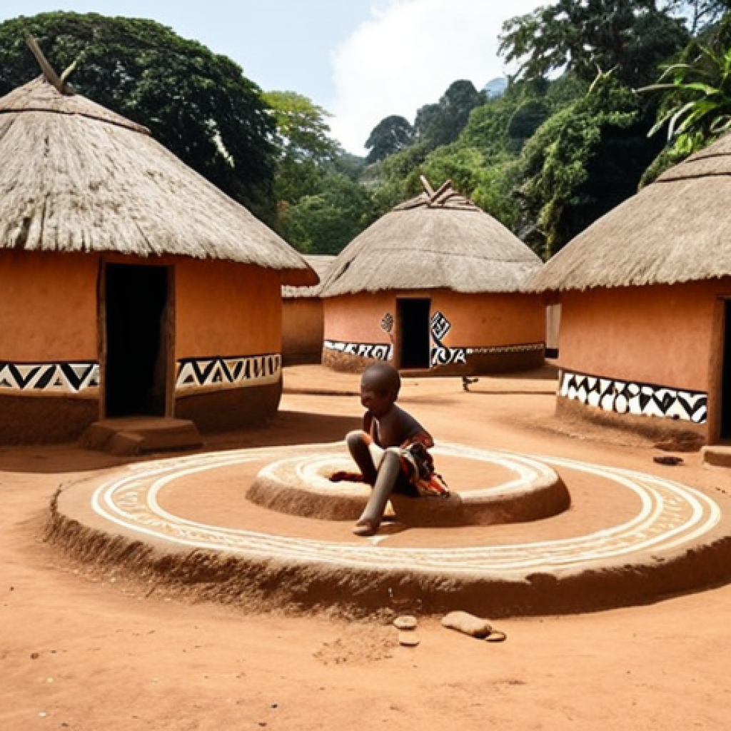 **

*   **Prompt:** Traditional Cameroonian village scene, round mud houses with thatched roofs, geometric patterns painted on walls, children playing in a communal courtyard. Focus on the warm colors of the earth and natural materials.

**