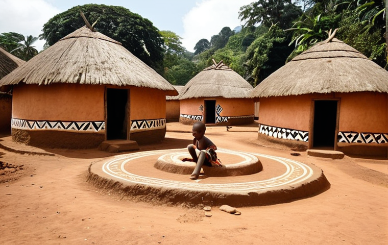 **
* **Prompt:** Traditional Cameroonian village scene, round mud houses with thatched roofs, geometric patterns painted on walls, children playing in a communal courtyard. Focus on the warm colors of the earth and natural materials.
**