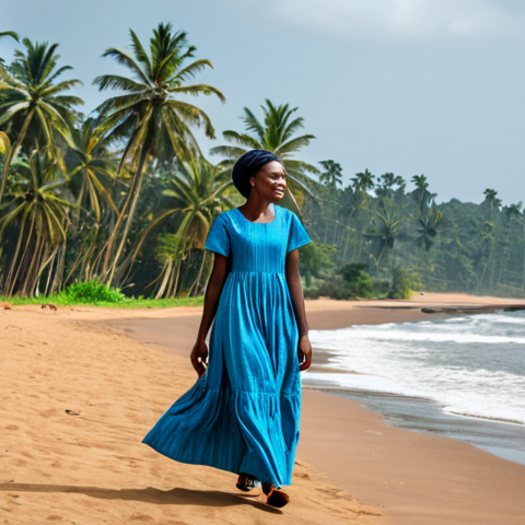 Tropical Coastal Scene**

"A fully clothed woman in a modest maxi dress made of breathable cotton fabric, walking along a sandy beach near Limbe, Cameroon. The scene includes palm trees and gentle ocean waves in the background. Safe for work, appropriate content, perfect anatomy, natural proportions, professional photography, high quality."

**