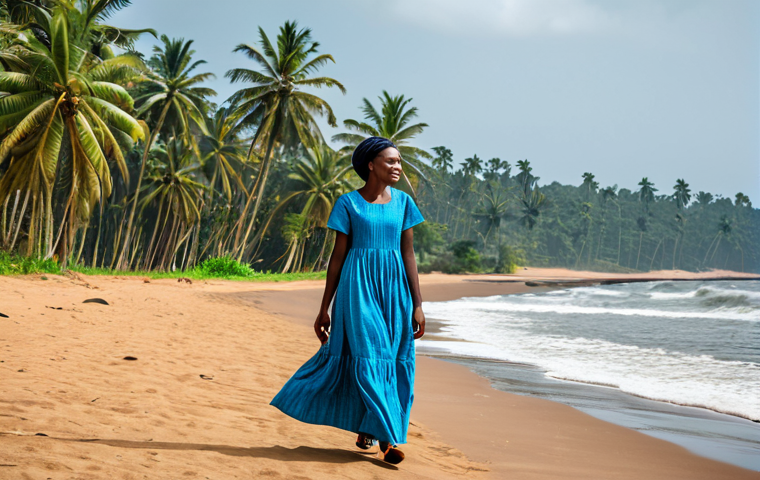 Tropical Coastal Scene**

"A fully clothed woman in a modest maxi dress made of breathable cotton fabric, walking along a sandy beach near Limbe, Cameroon. The scene includes palm trees and gentle ocean waves in the background. Safe for work, appropriate content, perfect anatomy, natural proportions, professional photography, high quality."

**